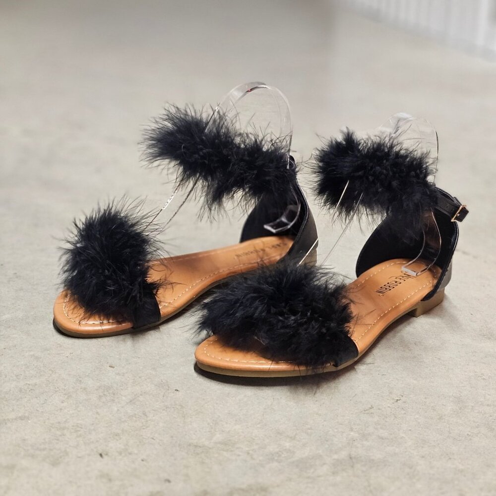 Faux Fur Black Ankle Strap Flat Sandals - Picture 7 of 7